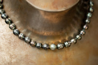 Dunkelgrün-graues Tahitiperlen-Collier mit gerillten Perlen und Wechselschließe aus Stahl.