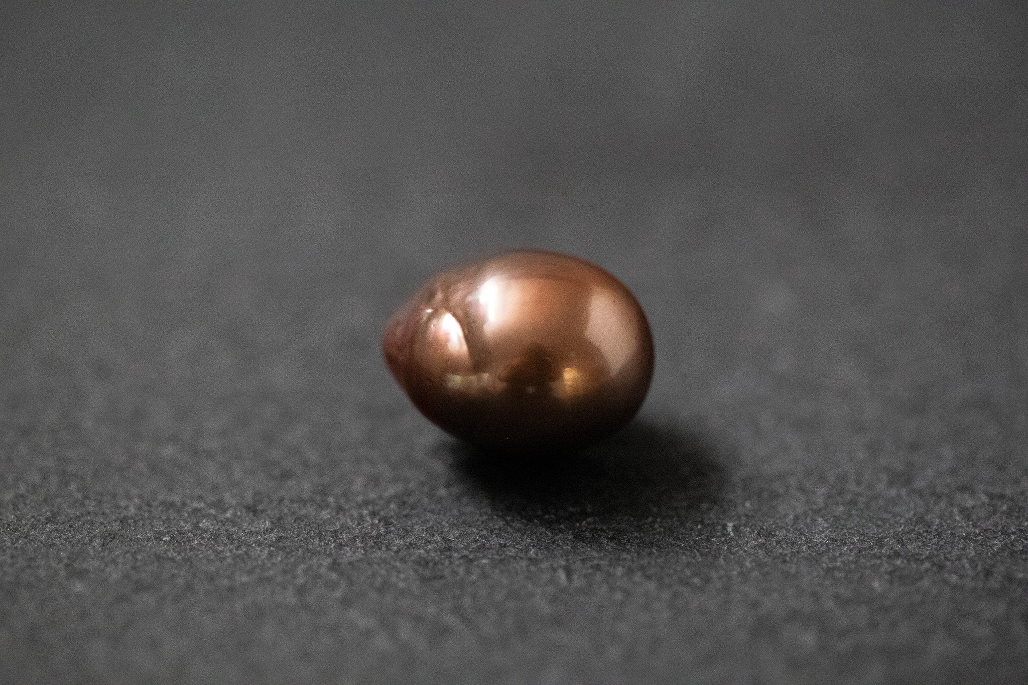 Oval geformte Frischwasserperle in warmem Schokoladenbraun mit glänzender Oberfläche