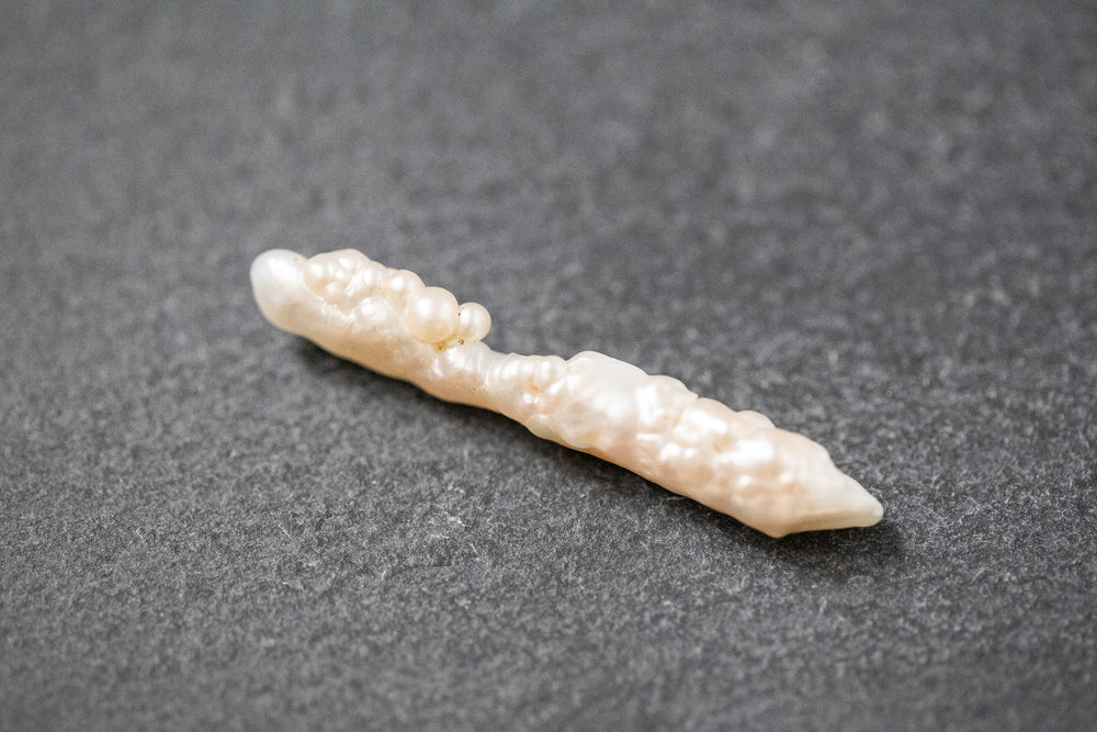 Längliche weiße Biwa-Stick-Frischwasserperle mit natürlicher Struktur und dezentem Schimmer.