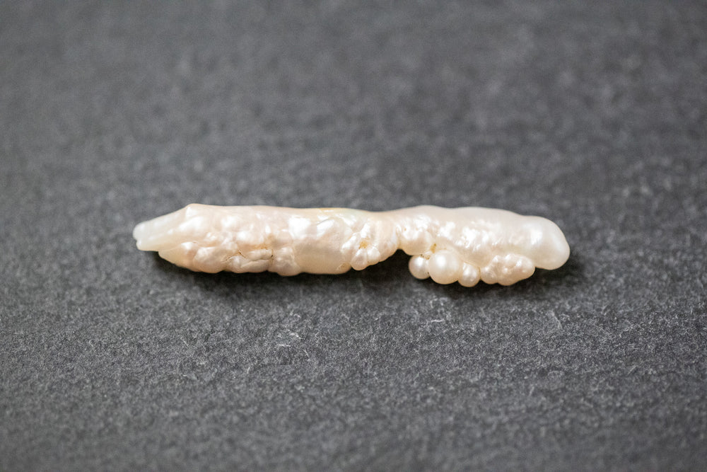 Längliche weiße Biwa-Stick-Frischwasserperle mit natürlicher Struktur und dezentem Schimmer.