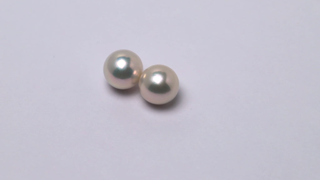 Zwei weiße, runde Frischwasserperlen mit sanftem Glanz, nebeneinander liegend auf neutralem Hintergrund.
